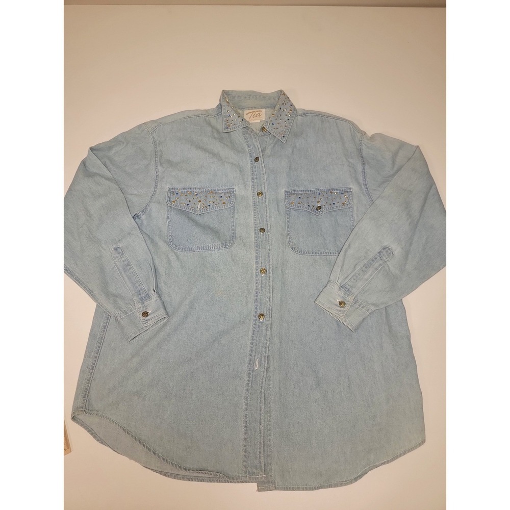 Tia Designs Vintage Studded Rhinestone Denim Shirt Light Wash Western Medium